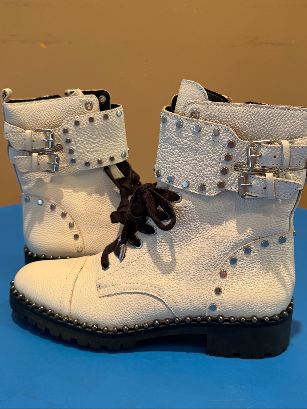 Sam Edelman Women's White Leather Combat Ankle Boots Round Toe Lace Up 8